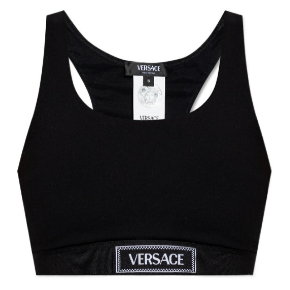 New Versace Box Logo Sports Bra Crop Top Black Designer Luxe Athleisure Iconic